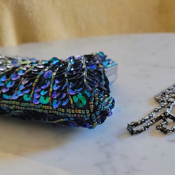 mg Collection Green & Blue Beaded and Sequined Peacock Evening Clutch - Picture 8 of 11